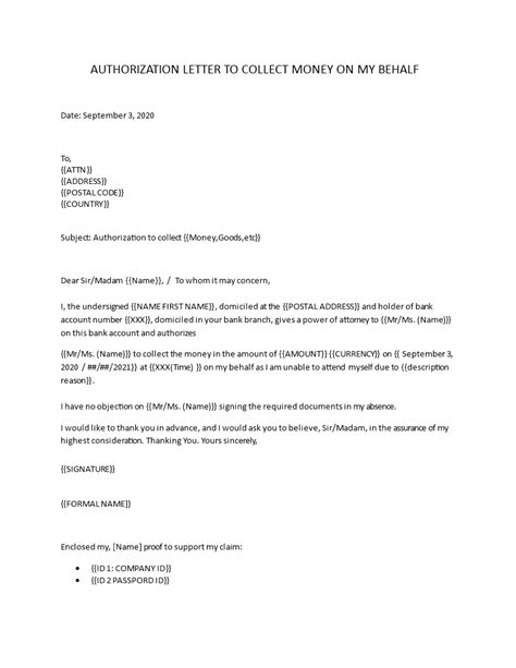 Sample Authorization Letter to Collect Money on My .